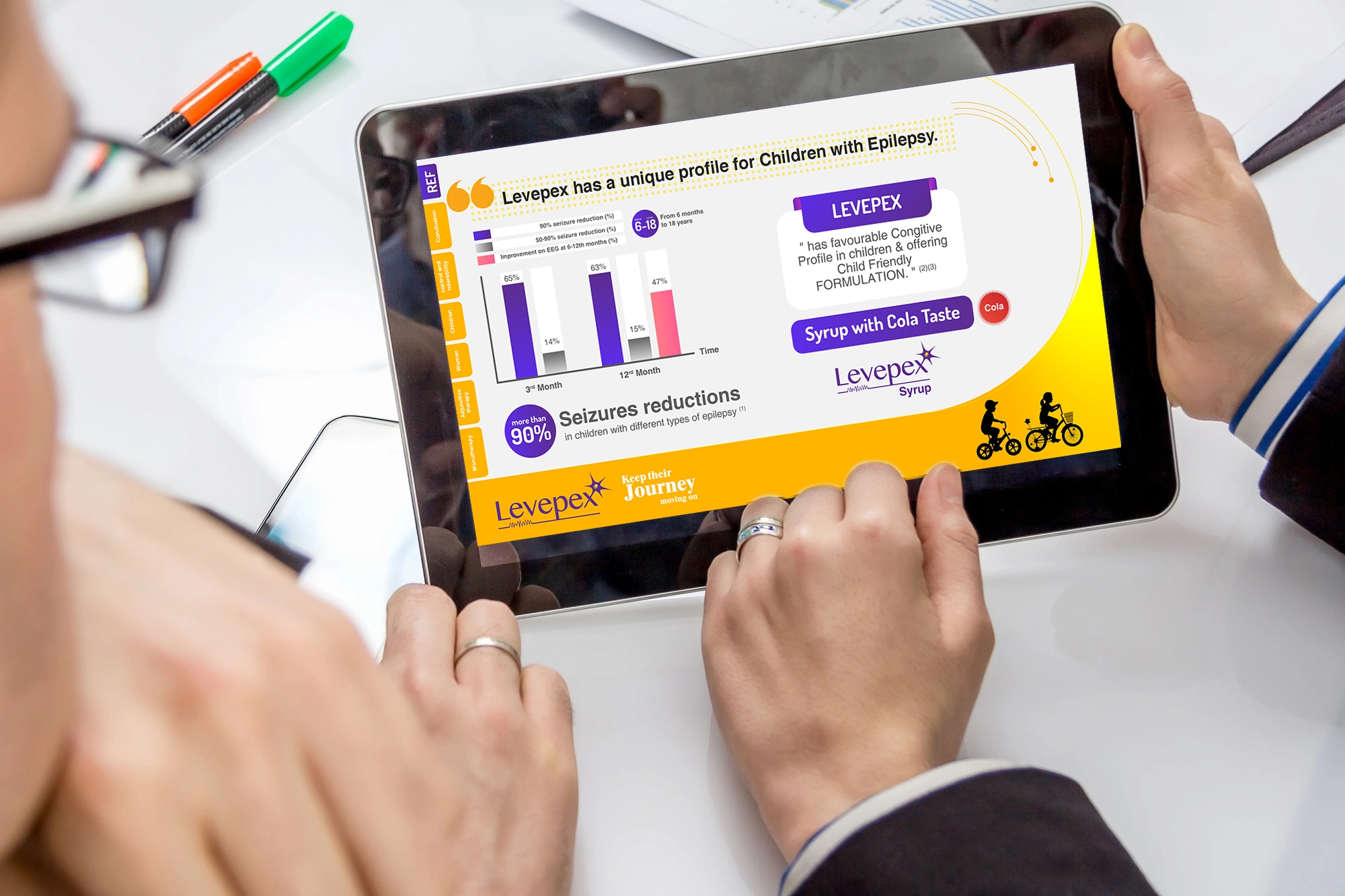 A touchscreen device displaying an engaging digital brochure.