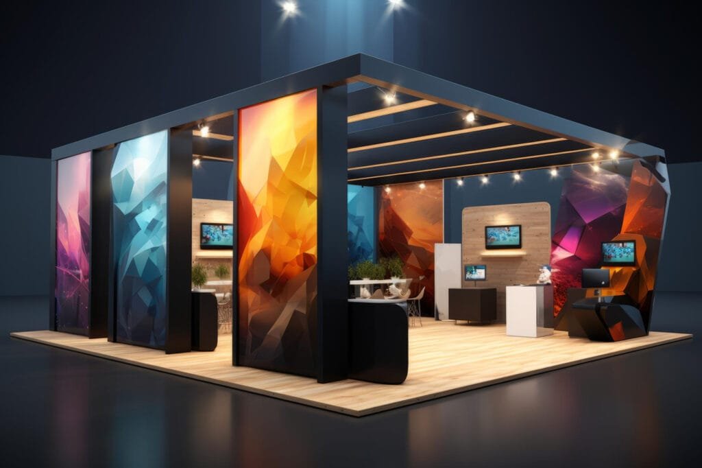 A well-designed booth with branded visuals and interactive screens